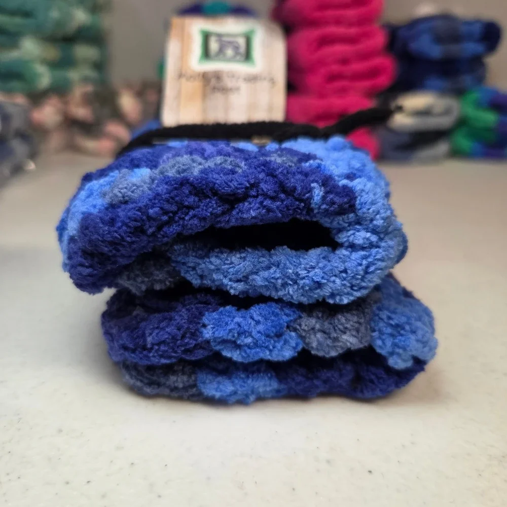 Mollys Trading Post Youth Fingerless Gloves Blue Crochet Chenille Soft Yarn